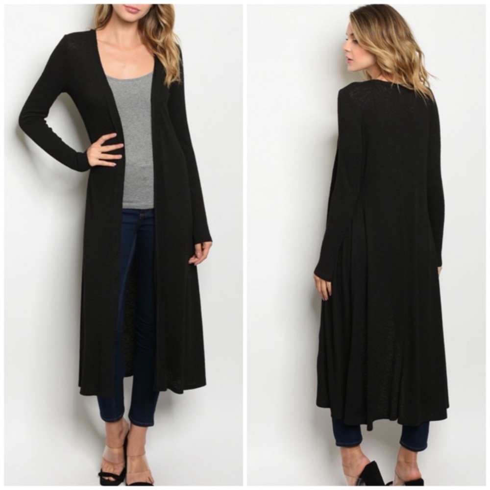 Black Buttoned Down Ribbed Duster - Picture 3 of 7